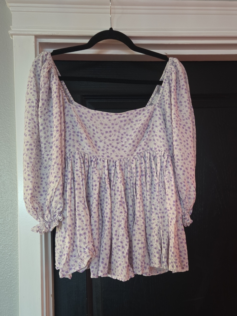 Selkie White And Purple Floral Puff Sleeve Peplum Top